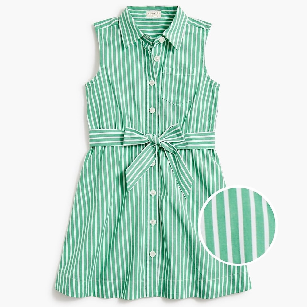 Crewcuts J. Crew girls green stripe tie waist spring cotton shirt dress size 6